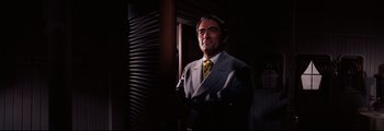 Movie still from “How the West Was Won” (1962), directed by George Marshall – A man in a gray suit and a yellow tie; Medium shot, Low angle