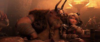 Movie still from “How to Train Your Dragon: The Hidden World” (2019), directed by Dean DeBlois – A group of people that are sitting around a table; Medium shot, Over the shoulder angle