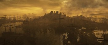 Movie still from “How to Train Your Dragon: The Hidden World” (2019), directed by Dean DeBlois – A large body of water filled with lots of boats; Extreme Wide shot, High angle