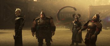 Movie still from “How to Train Your Dragon: The Hidden World” (2019), directed by Dean DeBlois – A couple of people in costumes standing next to each other; Wide shot, Low angle