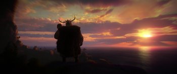 Movie still from “How to Train Your Dragon: The Hidden World” (2019), directed by Dean DeBlois – An animal that is standing in front of a sunset; Extreme Wide shot, Low angle