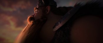 Movie still from “How to Train Your Dragon: The Hidden World” (2019), directed by Dean DeBlois – A man with long hair and a beard; Close Up shot, Over the shoulder angle