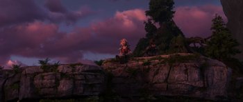 Movie still from “How to Train Your Dragon: The Hidden World” (2019), directed by Dean DeBlois – A couple of people sitting on top of a cliff; Extreme Wide shot, High angle