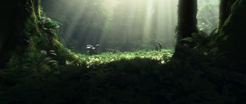 Movie still from “How to Train Your Dragon: The Hidden World” (2019), directed by Dean DeBlois – The sun is shining through the trees in the forest; Extreme Wide shot, High angle