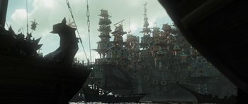 Movie still from “How to Train Your Dragon: The Hidden World” (2019), directed by Dean DeBlois – A ship that has a lot of buildings on it; Extreme Wide shot, Low angle