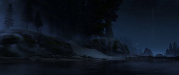 Movie still from “How to Train Your Dragon: The Hidden World” (2019), directed by Dean DeBlois – A body of water near a forest at night time; Extreme Wide shot, Low angle