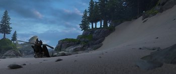 Movie still from “How to Train Your Dragon: The Hidden World” (2019), directed by Dean DeBlois – A view of some trees on top of a hill; Extreme Wide shot, High angle