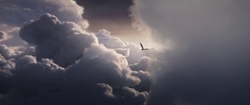 Movie still from “How to Train Your Dragon: The Hidden World” (2019), directed by Dean DeBlois – A bird flying in the sky above a cloud filled sky; Extreme Wide shot, Low angle