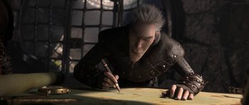 Movie still from “How to Train Your Dragon: The Hidden World” (2019), directed by Dean DeBlois – A man writing with a pencil on a table; Medium shot, High angle