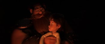 Movie still from “How to Train Your Dragon: The Hidden World” (2019), directed by Dean DeBlois – A child and an old man in a dark room; Close Up shot, Over the shoulder angle