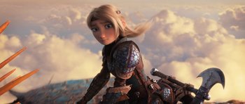 Movie still from “How to Train Your Dragon: The Hidden World” (2019), directed by Dean DeBlois – A woman with blonde long hair wearing armor; Medium shot, Low angle