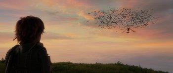 Movie still from “How to Train Your Dragon: The Hidden World” (2019), directed by Dean DeBlois – A flock of birds flying in the sky over a grassy field; Extreme Wide shot, Low angle