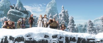 Movie still from “How to Train Your Dragon: The Hidden World” (2019), directed by Dean DeBlois – A group of people standing on top of a snow covered slope; Wide shot, Low angle