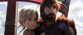 Movie still from “How to Train Your Dragon: The Hidden World” (2019), directed by Dean DeBlois – A man and a boy are standing next to each other; Close Up shot, Low angle