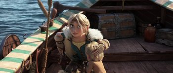 Movie still from “How to Train Your Dragon: The Hidden World” (2019), directed by Dean DeBlois – A woman and a child are standing next to each other on a boat; Medium shot, Over the shoulder angle