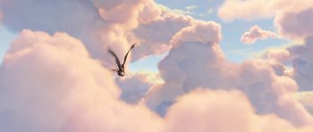 Movie still from “How to Train Your Dragon: The Hidden World” (2019), directed by Dean DeBlois – A bird flying through the clouds in the sky; Extreme Wide shot, Low angle