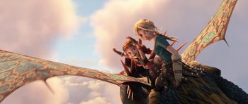 Movie still from “How to Train Your Dragon: The Hidden World” (2019), directed by Dean DeBlois – A couple of people that are sitting on top of a boat; Wide shot, Overhead angle
