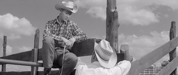 Movie still from “Hud” (1963), directed by Martin Ritt – A man sitting on a bench next to another man in a cowboy hat; Medium shot, Low angle