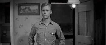 Movie still from “Hud” (1963), directed by Martin Ritt – A young man standing next to a lamp in a room; Medium shot, Low angle