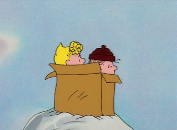 Movie still from “It's Christmastime Again, Charlie Brown” (1992), directed by Bill Melendez – A drawing of two people in a cardboard box; Extreme Wide shot, Overhead angle