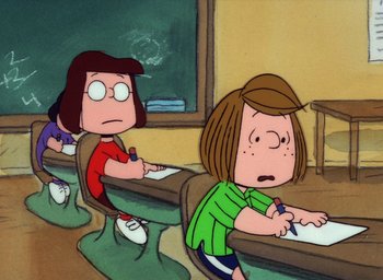 Movie still from “It's Christmastime Again, Charlie Brown” (1992), directed by Bill Melendez – A drawing of a girl writing at a desk; Medium shot, High angle