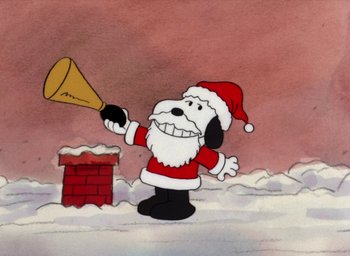 Movie still from “It's Christmastime Again, Charlie Brown” (1992), directed by Bill Melendez – A drawing of a dog wearing a santa clause outfit; Extreme Wide shot, Low angle