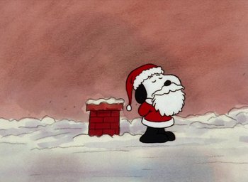 Movie still from “It's Christmastime Again, Charlie Brown” (1992), directed by Bill Melendez – A painting of a dog wearing a santa clause outfit; Extreme Wide shot, Low angle