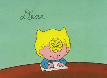 Movie still from “It's Christmastime Again, Charlie Brown” (1992), directed by Bill Melendez – A drawing of a boy sitting at a table writing a letter; Medium shot, Overhead angle