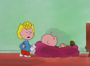 Movie still from “It's Christmastime Again, Charlie Brown” (1992), directed by Bill Melendez – A drawing of a girl and a boy in a room; Wide shot, High angle
