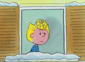 Movie still from “It's Christmastime Again, Charlie Brown” (1992), directed by Bill Melendez – A drawing of a girl looking out of a window; Extreme Wide shot, High angle