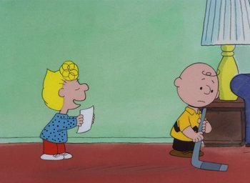 Movie still from “It's Christmastime Again, Charlie Brown” (1992), directed by Bill Melendez – A charlie brown and sally from the peanuts cartoon; Extreme Wide shot, High angle