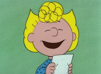 Movie still from “It's Christmastime Again, Charlie Brown” (1992), directed by Bill Melendez – A drawing of a woman holding a piece of paper; Close Up shot, Low angle