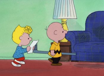 Movie still from “It's Christmastime Again, Charlie Brown” (1992), directed by Bill Melendez – A charlie brown and the boy in the blue shirt is looking at a lamp; Extreme Wide shot, High angle