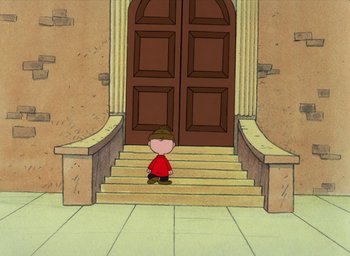 Movie still from “It's Christmastime Again, Charlie Brown” (1992), directed by Bill Melendez – A drawing of a child standing on a set of steps; Extreme Wide shot, High angle
