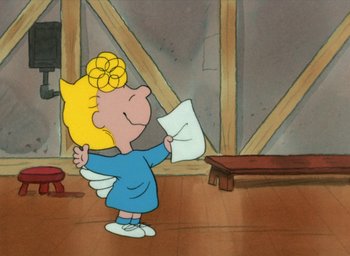 Movie still from “It's Christmastime Again, Charlie Brown” (1992), directed by Bill Melendez – A drawing of a girl with a paper in her hand; Medium shot, High angle