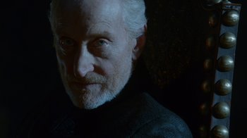 Movie still from “Game of Thrones” (2011), created by D.B. Weiss – An older man with white hair wearing a black jacket; Close Up shot, Low angle