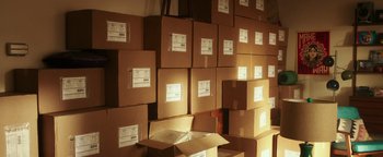 Movie still from “War Dogs” (2016), directed by Todd Phillips – A room filled with lots of brown boxes of packages; Wide shot, High angle