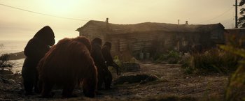 Movie still from “War for the Planet of the Apes” (2017), directed by Matt Reeves – A man and two bears in front of an old log house; Wide shot, Low angle