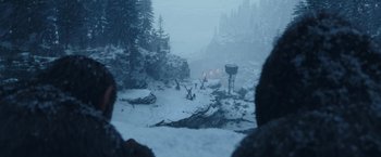 Movie still from “War for the Planet of the Apes” (2017), directed by Matt Reeves – A view of a snowy mountain from a distance; Extreme Wide shot, High angle