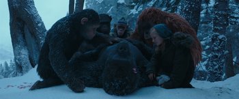 Movie still from “War for the Planet of the Apes” (2017), directed by Matt Reeves – A group of monkeys sitting on top of an animal; Medium shot, Low angle