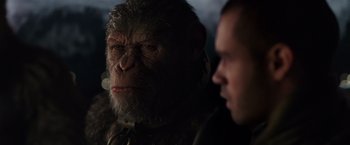 Movie still from “War for the Planet of the Apes” (2017), directed by Matt Reeves – A person with a gorilla mask; Close Up shot, Over the shoulder angle