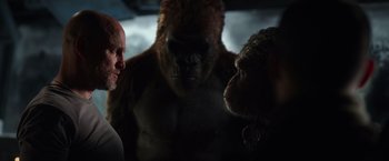 Movie still from “War for the Planet of the Apes” (2017), directed by Matt Reeves – A man and a gorilla face each other in front of another gorilla; Close Up shot, Over the shoulder angle