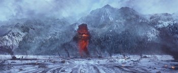 Movie still from “War for the Planet of the Apes” (2017), directed by Matt Reeves – An image of an explosion in the middle of a snowy field; Extreme Wide shot, High angle