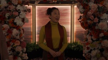 Movie still from “Killing Eve” (2018), created by Phoebe Waller-Bridge – A woman standing in front of a window with flowers; Medium shot, Over the shoulder angle