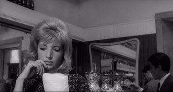 Movie still from “L'Eclisse” (1962), directed by Michelangelo Antonioni – A black - and - white photo of a woman looking down; Close Up shot, Low angle