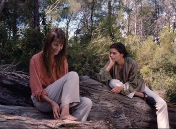 Movie still from “La Belle Noiseuse” (1991), directed by Jacques Rivette – Two women sitting on a log in the woods; Medium shot, High angle