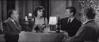 Movie still from “La Dolce Vita” (1960), directed by Federico Fellini – A man and a woman sitting at a dinner table; Medium shot, Over the shoulder angle