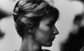 Movie still from “La Jetée” (1962), directed by Chris Marker – A black - and - white photo of a woman's face; Close Up shot, Over the shoulder angle