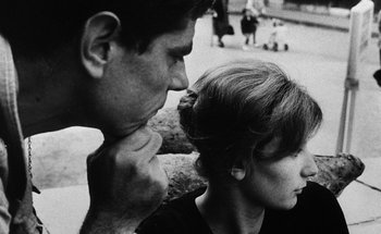 Movie still from “La Jetée” (1962), directed by Chris Marker – A man and a woman looking at each other; Close Up shot, Over the shoulder angle