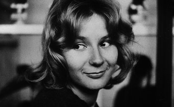 Movie still from “La Jetée” (1962), directed by Chris Marker – A black and white photo of a woman's face; Close Up shot, High angle